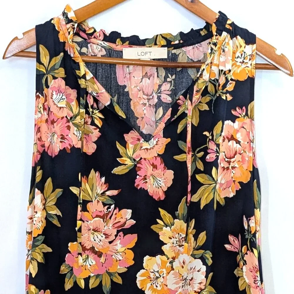 LOFT | Ruffle Floral Split Neck Sleeveless Mini Dress in Navy Blue Multi | Small - Picture 6 of 11
